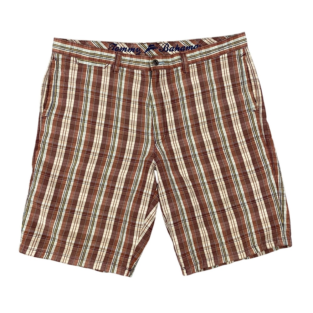 Tommy Bahama Plaid Shorts Mens 40 Brown Linen Silk Blend Flat Front Check Golf